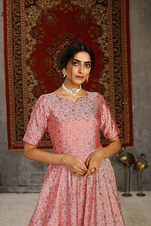 Pink Taffeta Metalic Foil Work Beautiful Anarkali Long Gown