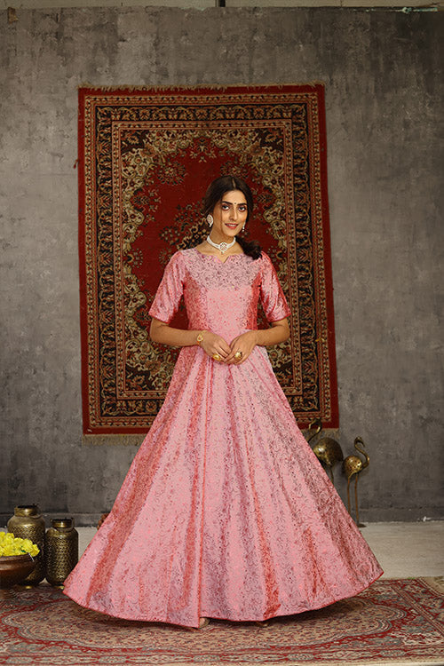 Pink Taffeta Metalic Foil Work Beautiful Anarkali Long Gown