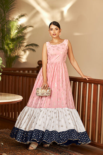 Multi Color Georgette Metalic Foil Work Beautiful Anarkali Long Gown