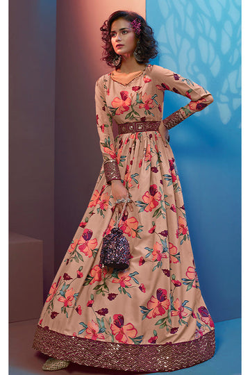 Peach Natural Crepe Print With Sequince Embroidered Work Long Gown