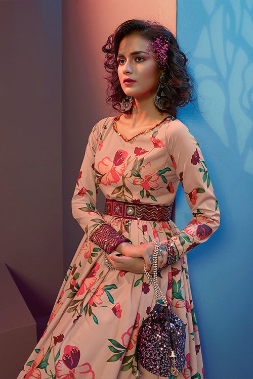 Peach Natural Crepe Print With Sequince Embroidered Work Long Gown