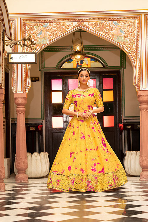 Yellow Cotton Shibori Print With Sequince Embroidered Anarkali Gown