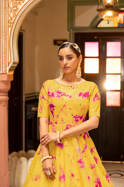 Yellow Cotton Shibori Print With Sequince Embroidered Anarkali Gown