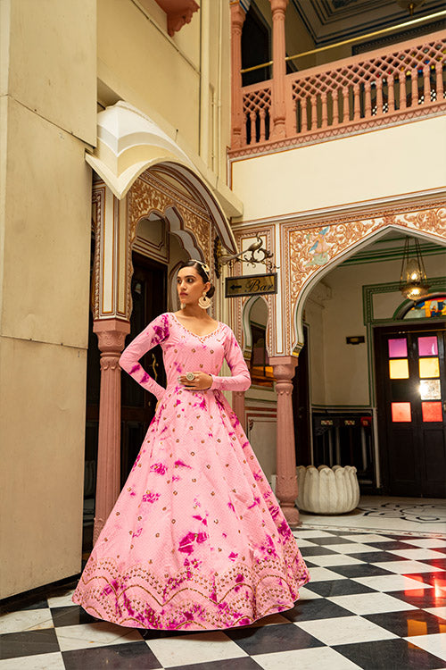 Peach Cotton Shibori Print With Sequince Embroidered Anarkali Gown