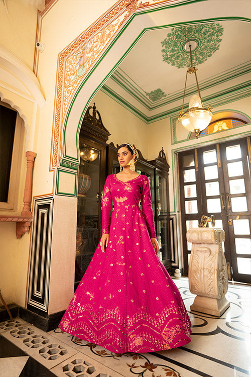 Peach Cotton Shibori Print With Sequince Embroidered Anarkali Gown