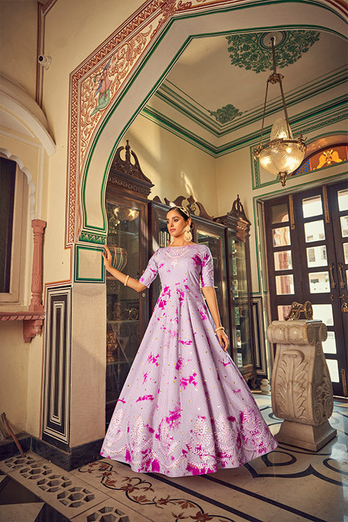 Pretty Cotton Shibori Print With Sequins Embroidered Anarkali Gown