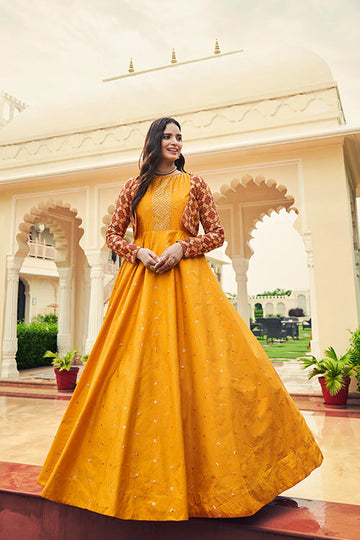 Mustard Yellow Cotton Sequince Embroidered Anarkali Gown