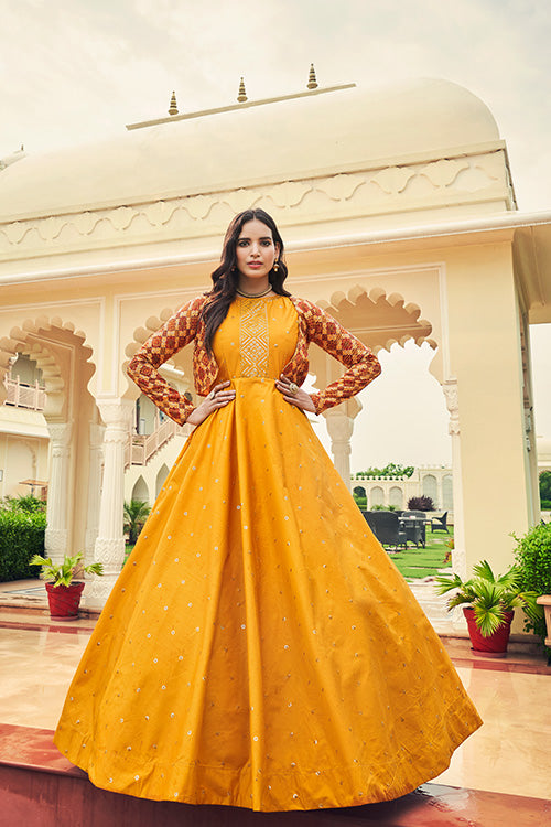 Mustard Yellow Cotton Sequince Embroidered Anarkali Gown