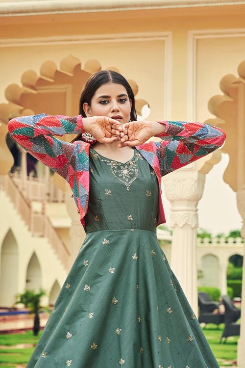 Dusty Green Cotton Sequince Embroidered Anarkali Gown