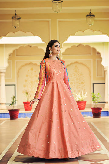 Peach Cotton Sequince Embroidered Anarkali Gown