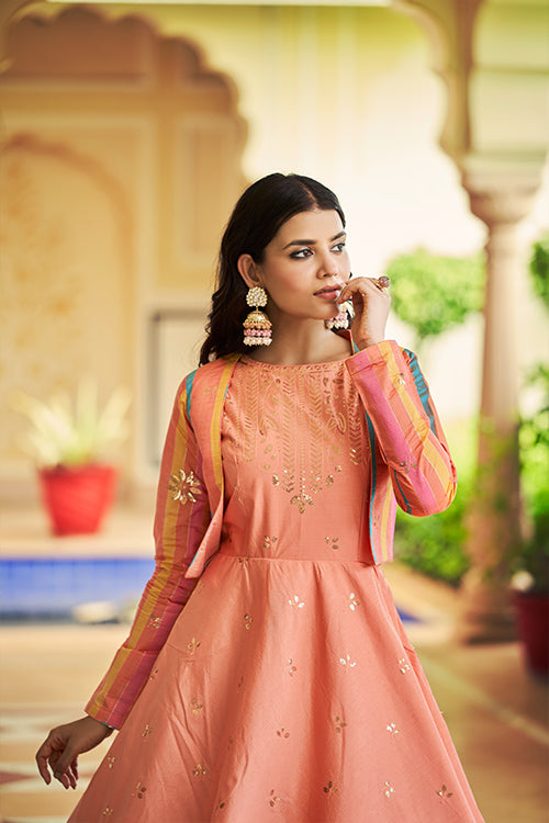 Peach Cotton Sequince Embroidered Anarkali Gown