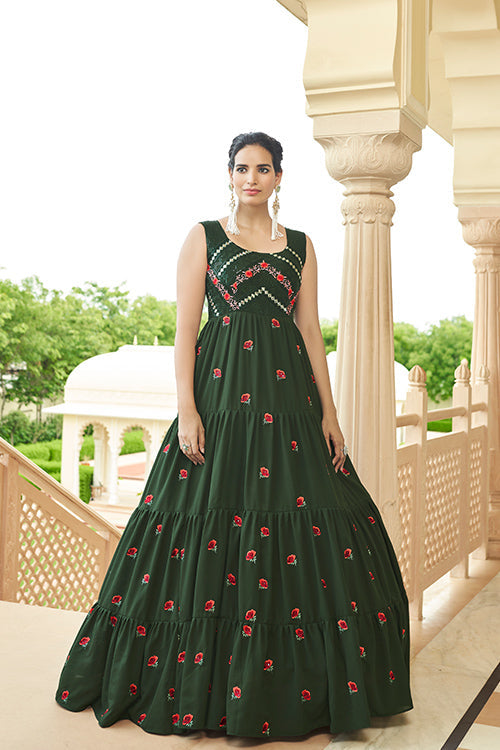 Olive Green Georgette Thread And Sequince Embroidered Anarkali Gown