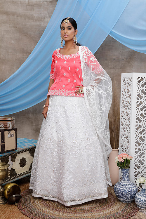 White Net Thread Embroidered Lehenga Choli Online