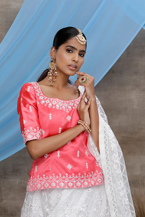 White Net Thread Embroidered Lehenga Choli Online