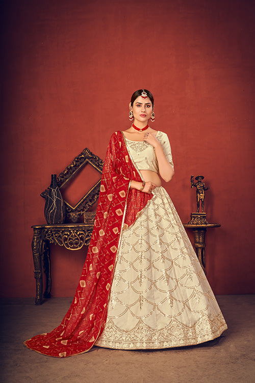 Beige Art Silk Thread with Sequance Embroidered Lehenga Choli