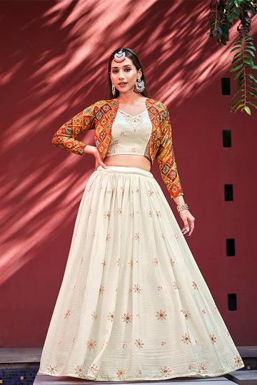Beige Chiffon Embroidered Work Lehenga Choli with Jacket