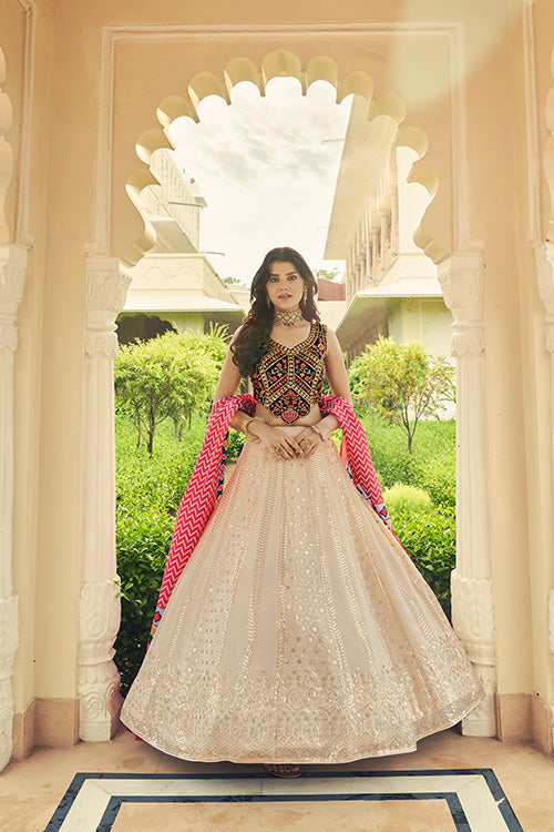 Beige Georgette Sequins Embroidered Lehenga Choli