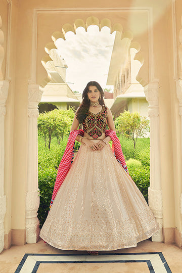 Beige Georgette Sequins Embroidered Lehenga Choli