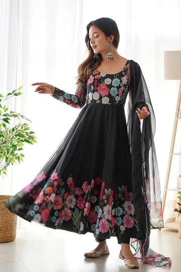 Beautiful Black Organza Anarkali Gown with Dupatta