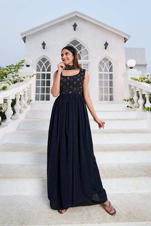 Blue Georgette Embroidered Kurta Palazzo Set