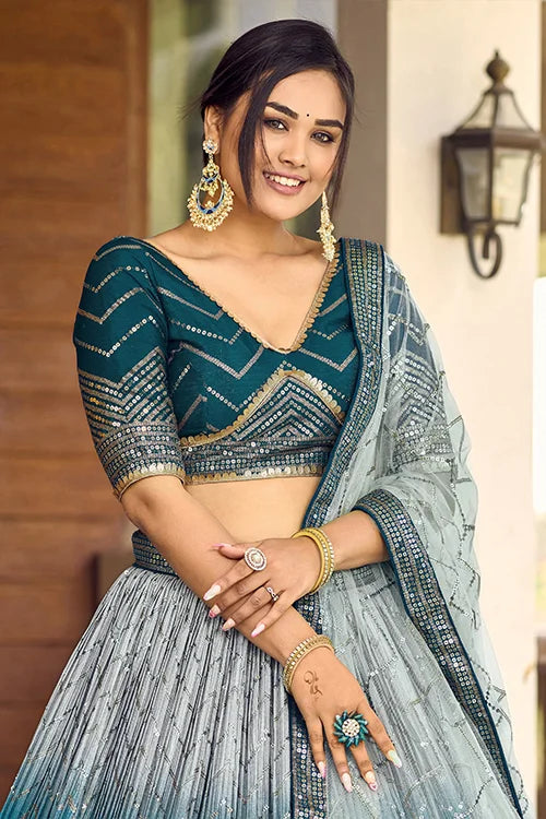 Blue Thread With Sequins Embroidery Work Lehenga Choli