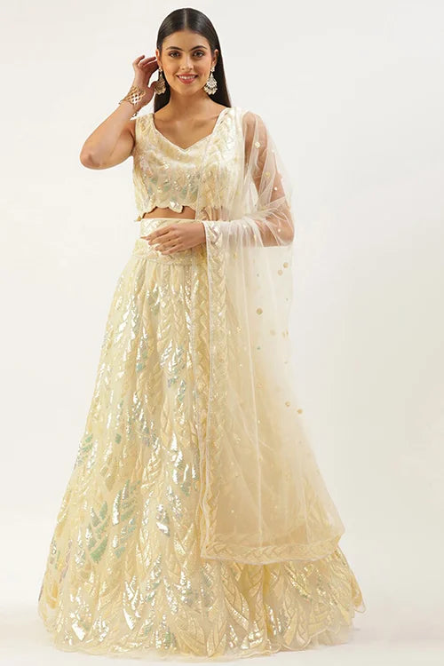 Yellow Soft Net Lehenga Choli with Thread Embroidery