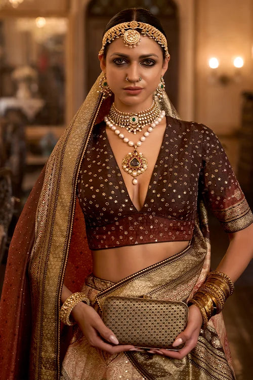 Beautiful Brown Wedding Banarasi Lehenga Choli Dupatta