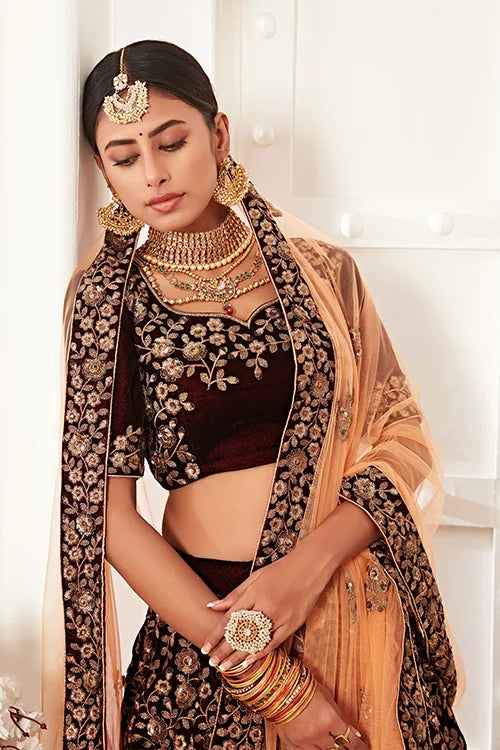 Beautiful Maroon Bridal Velvet Lehenga Choli Dupatta