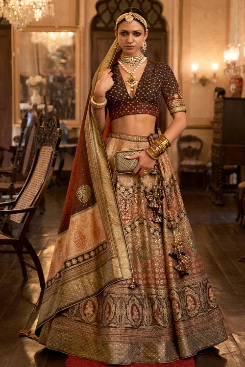 Beautiful Brown Wedding Banarasi Lehenga Choli Dupatta