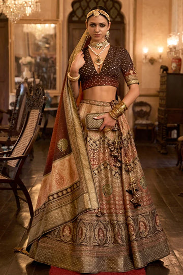 Beautiful Brown Wedding Banarasi Lehenga Choli Dupatta