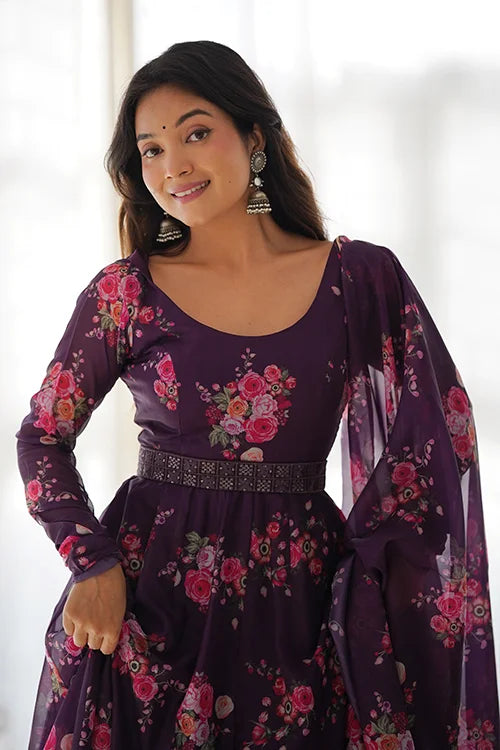 Buy Wine Color Floral Printed Organza Anarkali Suit Online