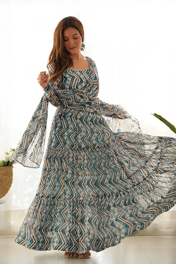 Light Blue Exclusive Gerogette Colorful Zigzag Print Anarkali Gown with Dupatta