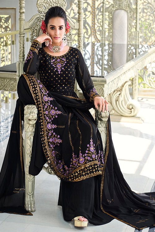 Dark Blue Georgette Thread And Sequins Embroidered Kurta Palazzo Set