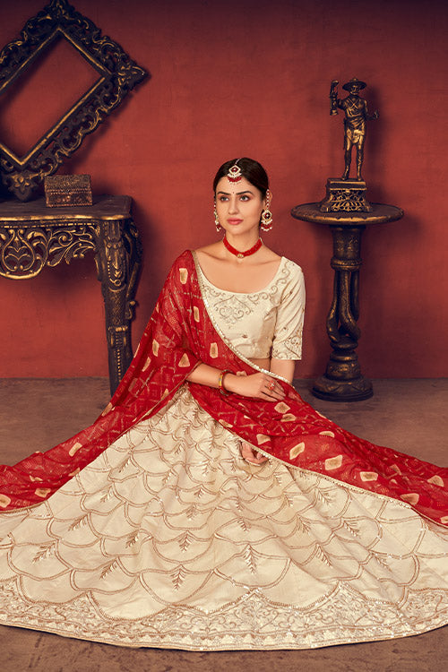Beige Art Silk Thread with Sequance Embroidered Lehenga Choli