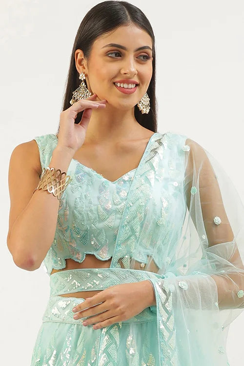 Bollywood Style Blue Lehenga Choli with Thread Embroidery