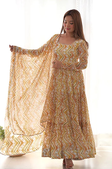 Pure Soft Fox Light Yellow Georgette Zigzag Print Anarkali Set for Women