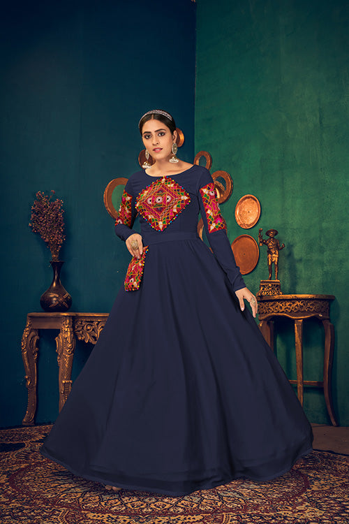 Georgette Embroidered Mirror Work Gown for Women