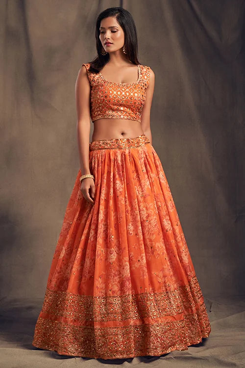 Beautiful Sequins Zari Embroidery Lehenga Choli Orange Colour