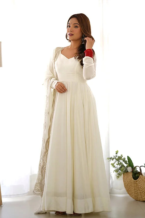 Ready to Wear Off White Pure Roman Silk Anarkali Gown with Dupatta