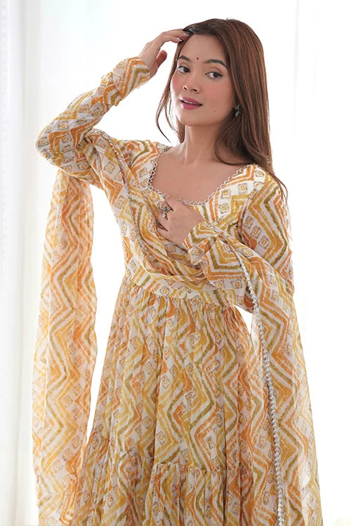 Pure Soft Fox Light Yellow Georgette Zigzag Print Anarkali Set for Women
