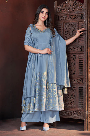 Sky Color Roman Silk Foil Printed Festival Salwar Suit