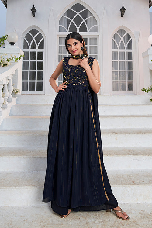 Blue Georgette Embroidered Kurta Palazzo Set