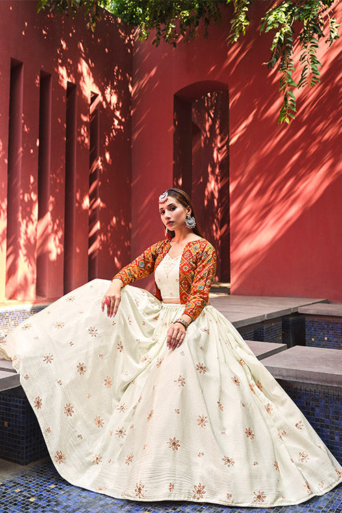 Beige Chiffon Embroidered Work Lehenga Choli with Jacket