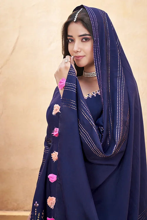 Navy Blue Multi Color Foil Work Wedding Salwar Suit
