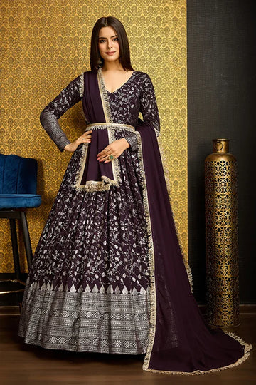 Exclusive Purple Color Metalic Foil Work Ready To Wear Gown