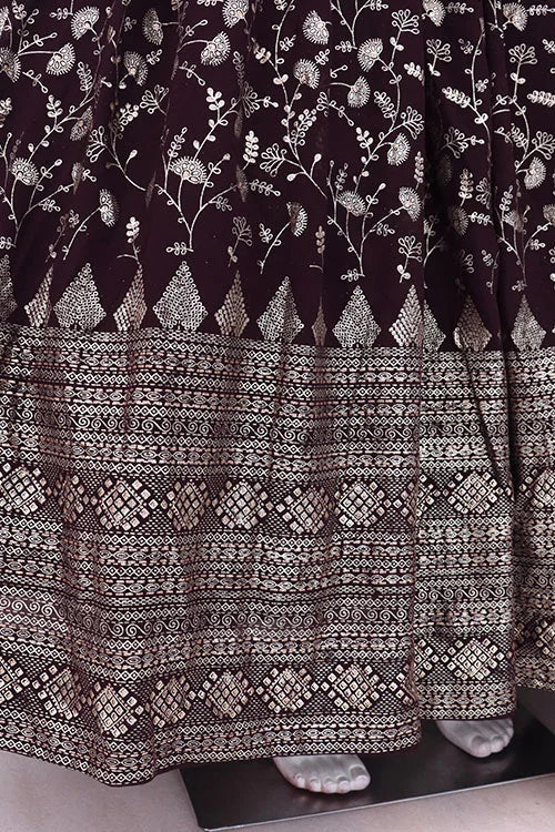 Exclusive Purple Color Metalic Foil Work Ready To Wear Gown