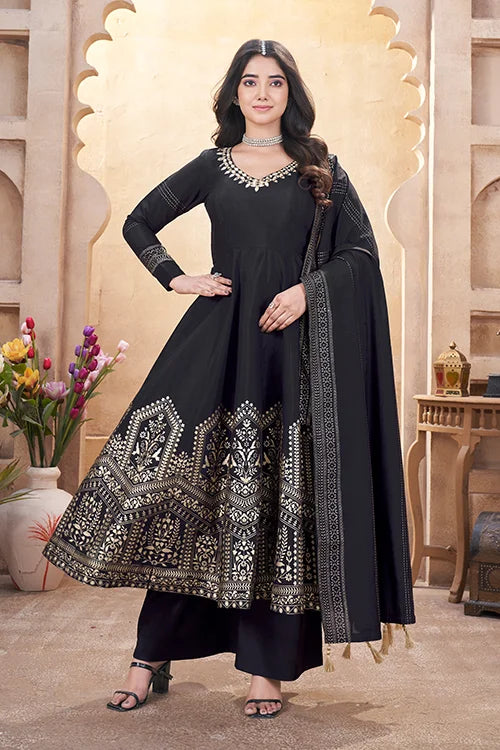 Black Roman Silk Ready to Wear Mirror Work Festive Suit