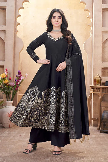 Black Roman Silk Ready to Wear Mirror Work Festive Suit