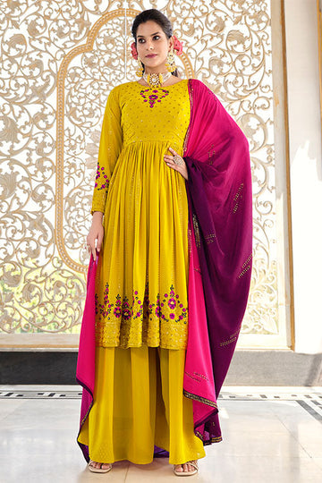 Floracance Green Georgette Thread And Sequins Embroidered Kurta Palazzo Set