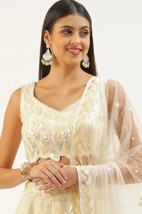 Yellow Soft Net Lehenga Choli with Thread Embroidery